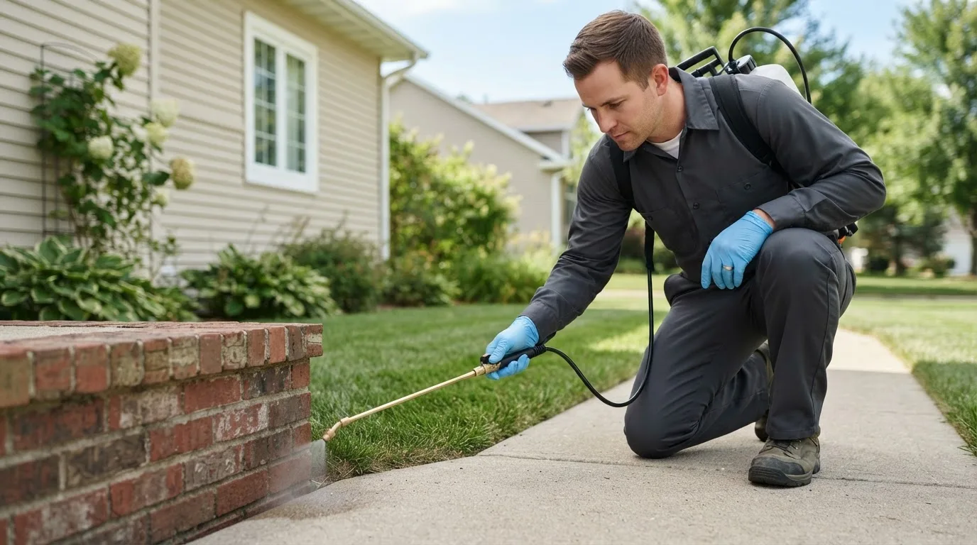Pest control technician treating a home near New Buffalo, MI